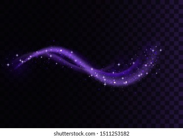 Set of blue, purple, glittering magic vector waves with gold particles isolated on transparent background.  Sparkling light trails. Futuristic Flash. Glowing shiny spiral lines effect.