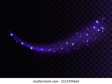 Set of blue, purple, glittering magic vector waves with gold particles isolated on transparent background.  Sparkling light trails. Futuristic Flash. Glowing shiny spiral lines effect.