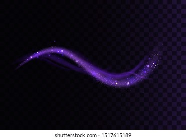 Set of blue, purple, glittering magic vector waves with gold particles isolated on transparent background.  Sparkling light trails. Futuristic Flash. Glowing shiny spiral lines effect.