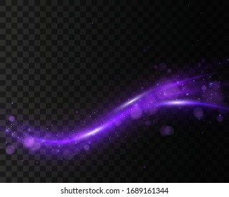 Set of blue, purple, glittering magic vector waves with gold particles isolated on transparent background.  Sparkling light trails. Futuristic Flash. Glowing shiny spiral lines effect.
