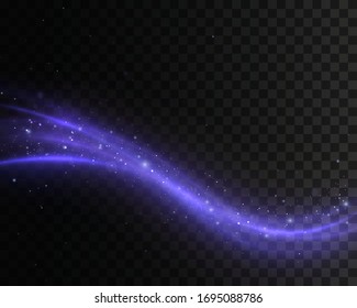 Conjunto de ondas vectoriales mágicas azules, púrpuras y brillantes con partículas doradas aisladas en fondo transparente.  Recorridos de luz espumosa. Flash Futurista. Efecto de líneas espirales brillantes.