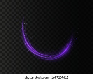 Set of blue, purple, glittering magic vector waves with gold particles isolated on transparent background.  Sparkling light trails. Futuristic Flash. Glowing shiny spiral lines effect.