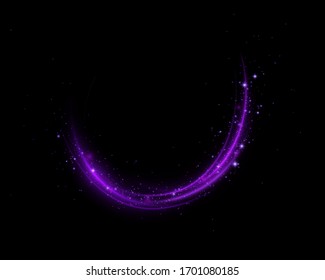 Set of blue, purple, glittering magic vector waves with gold particles isolated on transparent background.  Sparkling light trails. Futuristic Flash. Glowing shiny spiral lines effect.