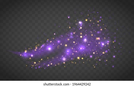 Set of blue, purple, glittering magic waves with gold particles. Explosion of bright dust particles. Shiny spiral lines on a transparent background. Light effect. Vector illustration, eps 10. 