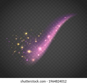 Set of blue, purple, glittering magic waves with gold particles. Explosion of bright dust particles. Shiny spiral lines on a transparent background. Light effect. Vector illustration, eps 10. 
