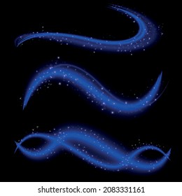 Set von blauen, violetten, glitzernden Zauberwellen mit goldenen Partikeln einzeln auf transparentem Hintergrund. Funkelnde Lichtwege. Futuristischer Flash. Glühender Spirallinieneffekt.