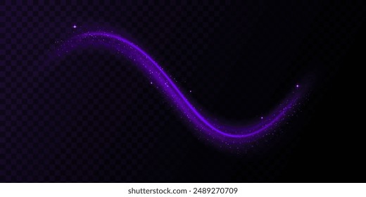 Set of blue, purple, glittering magic vector waves with gold particles isolated on transparent background. Sparkling light trails. Futuristic Flash. Glowing shiny spiral lines effect.
