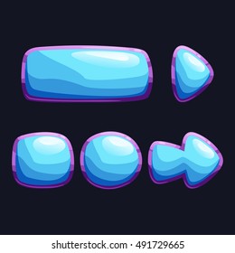 Set of blue, purple glossy buttons, panel and arrows for GUI design. Cute cartoon game assets vector illustration.