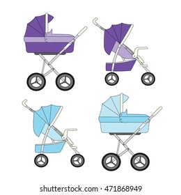 Set of blue and purple modern strollers for a newborn baby boy.

