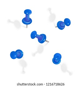 Set of blue push pins in different angles isolated on white background. Vector illustration.