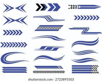 Un conjunto de rayas azules de carreras y Elementos gráficos para proyectos de decoración y diseño de vehículos.