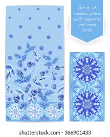 Set of blue raspberries seamless vertical floral design and ornate border. The border can be used as an independent seamless pattern. Use fabric for dresses, bedding, web design, wallpaper etc