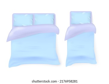 Set Of Blue Realistic Bed Mockups, Vector Illustration Isolated On White Background. Double And Single Beds With Blanket And Pillows, Design Template, Top View