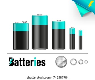 Set of blue realistic indicators of battery level different sizes. Vector illustration  icons
