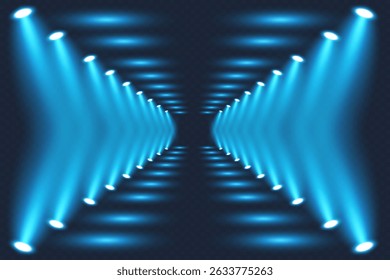 Conjunto de luzes de spot realistas azuis. Luz brilhante. Os holofotes iluminam o fundo. Ilustrações vetoriais abstratas.