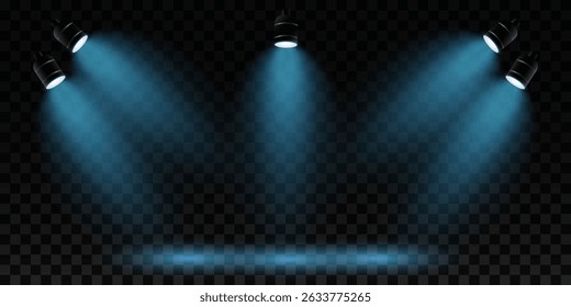 Conjunto de luzes de spot realistas azuis. Luz brilhante. Os holofotes iluminam o fundo. Ilustrações vetoriais abstratas.