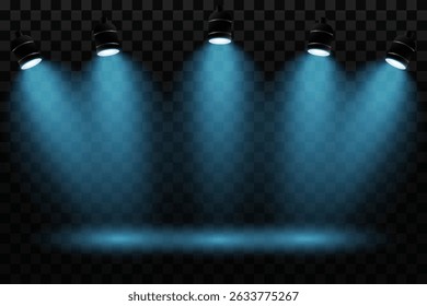 Conjunto de luzes de spot realistas azuis. Luz brilhante. Os holofotes iluminam o fundo. Ilustrações vetoriais abstratas.