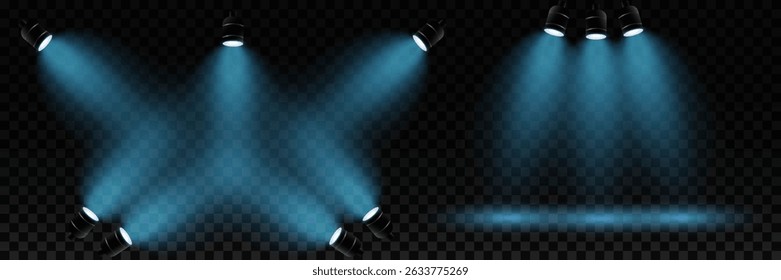 Set of blue realistic light spotlights. Bright light. Spotlights illuminate the background. Abstract vector illustrations.