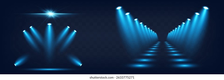 Conjunto de luzes de spot realistas azuis. Luz brilhante. Os holofotes iluminam o fundo. Ilustrações vetoriais abstratas.