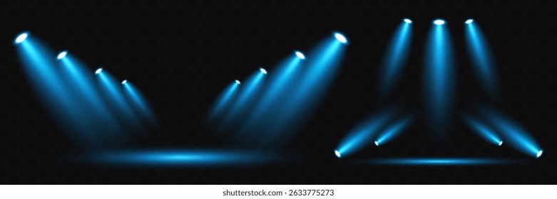 Set of blue realistic light spotlights. Bright light. Spotlights illuminate the background. Abstract vector illustrations.
