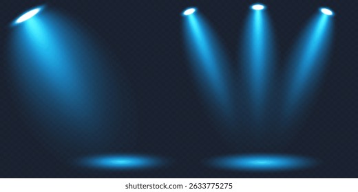 Set of blue realistic light spotlights. Bright light. Spotlights illuminate the background. Abstract vector illustrations.