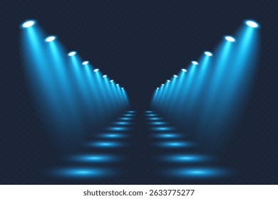 Conjunto de luzes de spot realistas azuis. Luz brilhante. Os holofotes iluminam o fundo. Ilustrações vetoriais abstratas.