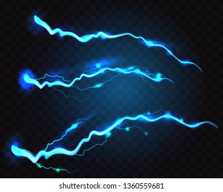 Set of blue realistic lighting bolts on transparent background.