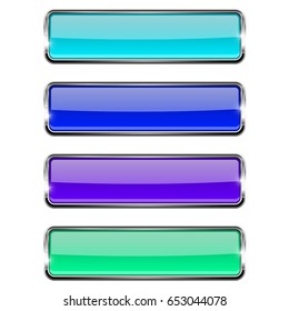 Set of blue rectangle glass buttons with metal frame. Vector 3d illustration isolated on white background