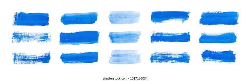 Set blue rectangle watercolor texture on the white background, vector ink, acrylic decoration.