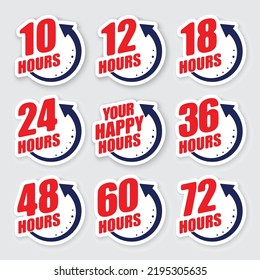 Set of blue and red abstract clock silhouettes with human hand and different tine numbers. Business hours for work and rest svg