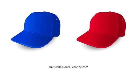 conjunto de gorras de béisbol azules y rojas sobre un fondo blanco