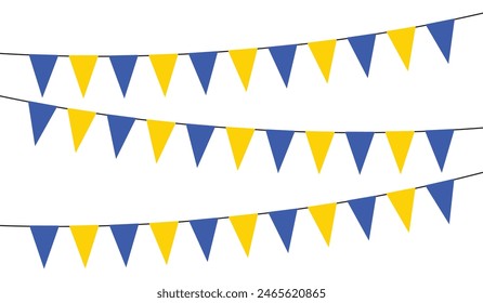 A set of blue and red carnival garlands. Pennants, triangular flags, birthday decorations.