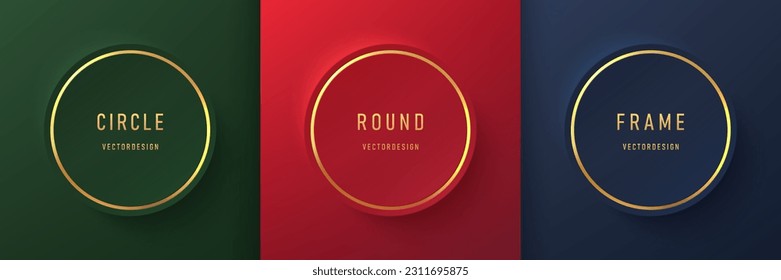 Set of blue, red and dark green 3D round circle board frame background with golden lines. Abstract pedestal scene for product display in top view. Collection of luxury geometric badge with copy space.