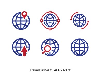 Set of Blue and Red Globe Icons Illustrating Global Connectivity Concepts