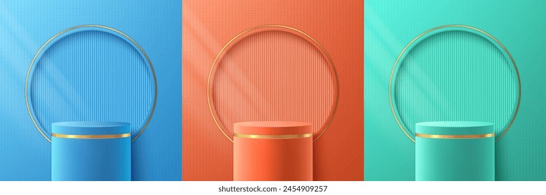 Set of blue, red and green 3D podium background with golden frame. Platform product display presentation.