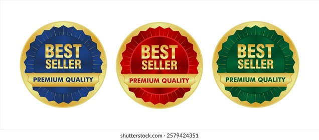 
Set of blue, red, and green Best Seller emblem badge stickers in shiny gold for certified products.
