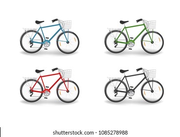set of blue, red, green and black bicycles with basket isolated on white background. Vector illustration.