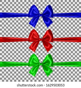 Set of blue, red and green bows isolated on transparent background. Vector illustration