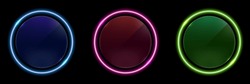 Set Of Blue, Red, Green Glowing Neon Color Light Circles Round Curve Shape Isolated On Black Background Technology Concept. Circular Light Frame Border. You Can Use For Badges, Price Tag, Label