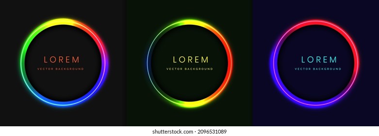 Conjunto de diseño de marco de iluminación de neón azul, rojo, verde, de círculo rosado sobre fondo oscuro con espacio de copia para texto. Ilustración del vector