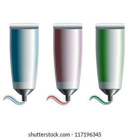 Set of blue, red, and green tubes with toothpaste over white background. Eps10