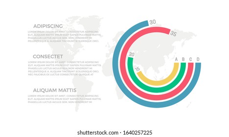 Set of blue, red, green and yellow elements for infographic with world map presentation slides.
