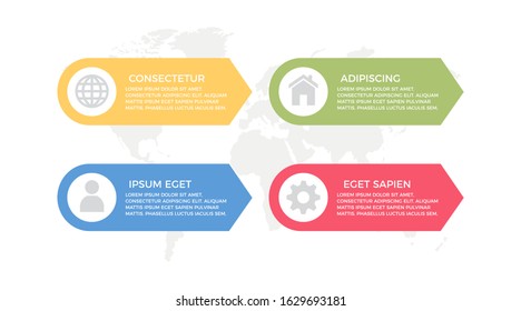 Set of blue and red, orange, green elements for infographic with world map presentation slides.