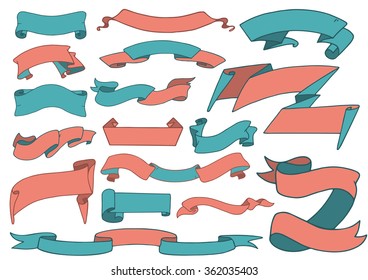 Set of blue and red ribbon banners on white background, doodle hand drawn collection