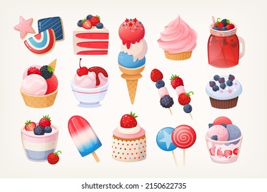 Set of blue red and white desserts for some national holidays parties. Isolated vector illustrations. Independence day party snacks