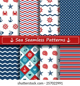 Set of blue, red and white sea seamless patterns. Scrapbook design elements. All patterns are included in swatch menu.