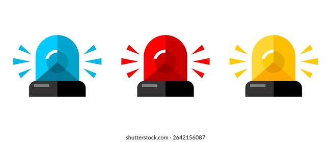 Set blue red and yellow alarm siren emergency fighing light icon flat vector design
