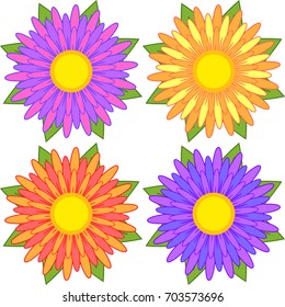 Set of blue, red, yellow, purple striped flowers.