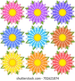 Set of blue, red, yellow, white, pink, orange, purple striped flowers.