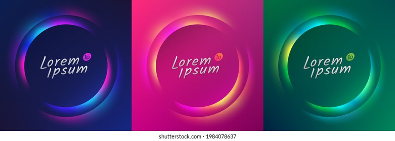 Set of blue, red-purple, green frame design. Abstract 3D cosmic vibrant color circle backdrop. Collection of glowing neon color on geometric background with copy space. Top view. futuristic style